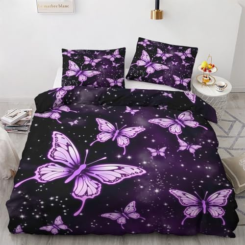 Papillon Violet Decoration - Housse de Couette Papillon Violet 200x200 avec 2 Taies d'oreiller, Parure de Lit Galaxie en Microfibre Douce, Linge de Lit 2 Personnes Adulte avec Fermeture éclair