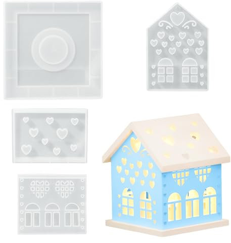 4 Stück Silikonformen Gießformen Häuser, 3D Gießform Haus mit Herz, Silikonformen Gießformen Kerzenhalter, Gießformen Gips für DIY Kerze Kerzenhalter, Kunsthandwerk