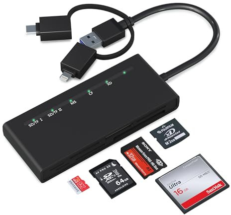 7 en 3 Lettore Schede per SD/TF/CF/XD/MS/Micro SD Adattatore Scheda per iPhone/iPad/MacBook/Samsung Windows/Mac OS/iOS/Android Lettore Micro SD USB 3.0 & USB C 5Gbps Leggere 5 Carte allo Stesso Tempo