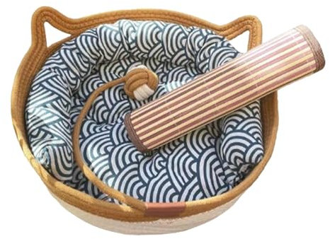 Panier pour chat en corde de coton - Nid de panier - Fait à la main - Petit nid de couchage pour chien avec queue de jouet - Panier de couchage en forme de chaton avec tapis rafraîchissant pour lapins