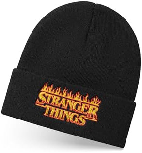 Stranger Things Unisex Beanie Mütze in Schwarz | Gestrickte Wintermütze mit gesticktem Flames-Logo für Männer und Frauen | Warme Mütze für Erwachsene, Einheitsgröße