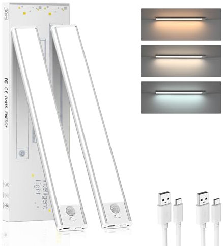 Moman 30CM Schrankbeleuchtung, 2er Set Unterbauleuchte Küche LED Dimmbar Schranklicht mit Bewegungsmelder Kabellos USB Wiederaufladbar für Küche Kleiderschrank Treppe, Unterbauleuchte-LED-Lampe-Leiste