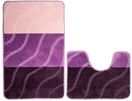 AKCILA Fiori Lila Badteppich Set 2-teilig, Rutschfester, Rechteckig, Bunt, Badematten & Badteppiche, Badezimmerteppich, Bad Vorleger waschbar