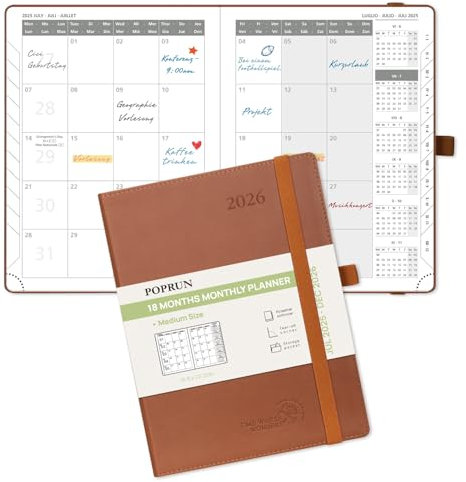 POPRUN Kalender 2025 2026 Monatsplaner 22 x 16,5 cm - 18 Monate Monatskalender Softcover A5 (Jul.2025-Dez.2026) - 1 Monat 4 Seiten, mit PU-Leder, 100 GSM Papier - Braun
