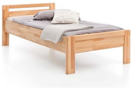 WOODLIVE DESIGN BY NATURE Massivholz-Bett aus Kernbuche inkl. Lattenrost verstellbar und Matratze, Seniorenbett, in Komforthöhe, geöltes Einzel- und Komfortbett mit Kopfteil (100 x 200 cm)