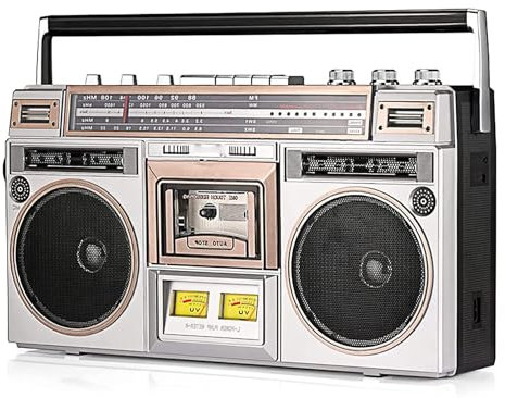 Boombox à cassette portable avec lecteur de bande CD, style classique des années 80, radio AM/FM, entrée SD/USB, compacte pour les réunions de famille et les voyages