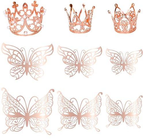 Ephlyn 9 Pack Crown Cake Toppers Mini Tiara 3D Gold Butterfly Decoration Vintage Pearl Rhinestone Crown Cupcake Toppers for Women Girls Wedding Birthday Baby Shower Party Supplies Rose Gold