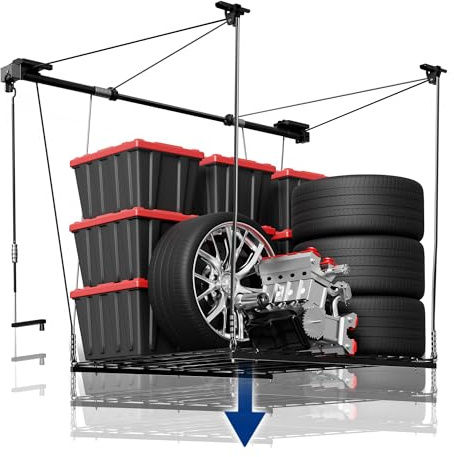 FLEXIMOUNTS Überkopf-Garagen-Lagerregal, 1,2 x 1,2 m, robuste Garagendecken-Lagerregale, verstellbares Organisationssystem mit 180 cm L-Achse, 136 kg Tragkraft, flach, schwarz