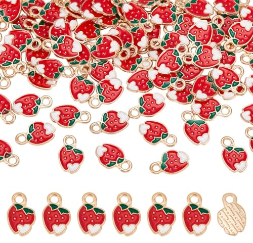 UNICRAFTALE 80 Stück Rote Erdbeer Charms Weißes Herz Mini Charms Anhänger Metall Emaille Erdbeeren Süßer Obst Charm Für DIY Armband Halskette Ohrringe Schmuckherstellung