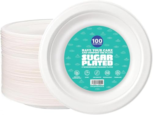 Strong Disposable Paper Plates, 9 Inch Round, Heavy-Duty Disposable, 100% Compostable Bagasse, Eco-Friendly (100)