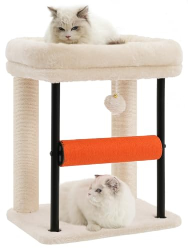 Hey-brother Kratzbaum, 50 cm klein Katzenbaum für Kätzchen, Kratzpfosten mit drehbarer Sisalsäule, geräumiger Plüschplattform, Vollständig sisalumwickelte Säule und Spielbällen, Beige EMPJ010SM