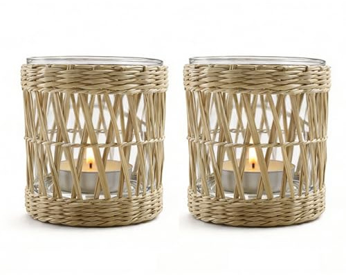 Kerzenständer Makramee Girlande, Windlichter Deko Kerzen, Kerzenhalter im Vintage-Stil aus Stroh, Beige Boho Deko Balkon für Kerzen Und Trockenblumen Und Dekoration(2pc-8.5x7.5)
