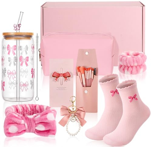 Xialvyu Geschenke für Mädchen Teenager 8-16 Jahre, Geburtstagsgeschenk | Personalisierte Geschenke mit Trinkglas Schminkpinsel Schlüsselanhänger Karte Kosmetiktasche Socken Haarband,Rose