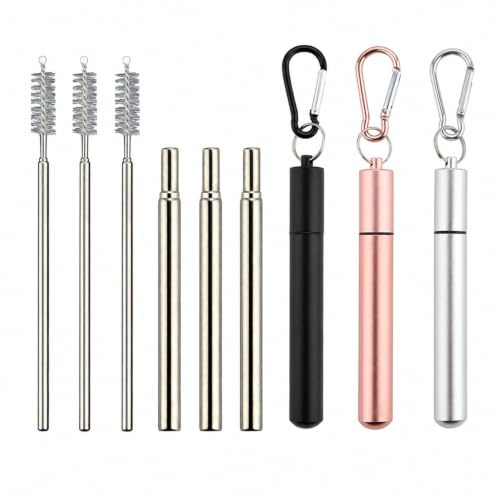 3 Pcs Travel Straw, Telescopic Metal Straws with Case and Cleaning Brush | Portable Metal Straw for Home Travel and Office with Three Color Options