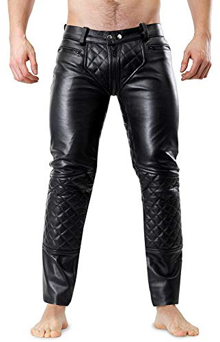 Bockle® 5 Gay-Zip quiltade läderjeans läderbyxor med genomgående dragkedja, svart, 30W / 32L
