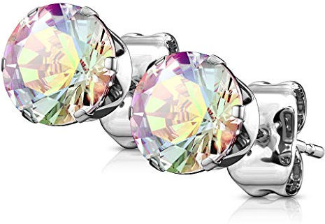 Bungsa Regenbogen AB Silberne Ohrstecker mit Zirkonia Kristall Stein rund Edelstahl 1 Paar für Damen (Ohrstecker Ohrringe Ohrhänger Creolen Ohrschmuck Ohrklemmen Damen Frauen Herren Mode)