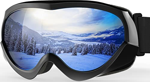 OutdoorMaster Kinder Skibrille - Helmkompatible Schneebrille für Jungen & Mädchen mit 100% UV-Schutz (schwarzer Rahmen + VLT 10% graue Linse mit REVO Silber)