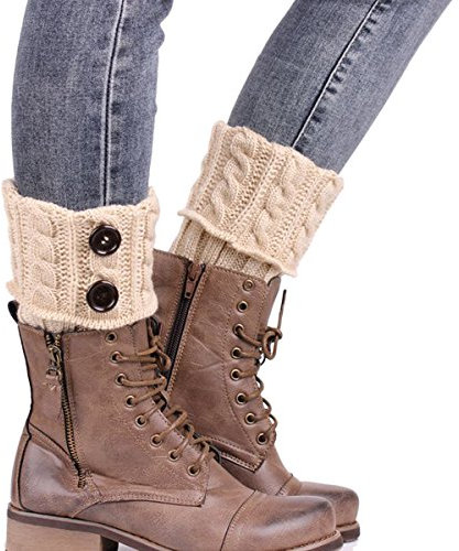 ZUMUii Butterme Damen Frauen kurze Häkeln Knit Twist Stiefel Stulpen Toppers Winter Cable Knit Beinwärmer mit Knöpfen (Beige)