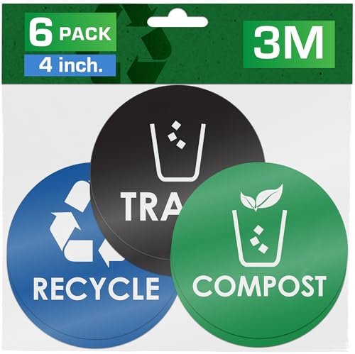 Recycle and Trash Can Compost Sticker - 4x4 Adhesive Round Labels - 6 Pack Bundle Set - Indoor Home Kitchen & Office Disposal Bins (Pixelverse Design)