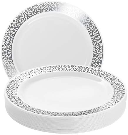 MATANA 20 Weiße Plastikteller mit Silberrand, 26cm - Kunststoffteller, Partyteller für Hochzeiten, Geburtstage, Weihnachten & Partys - Mehrweg & Stabiles Partygeschirr