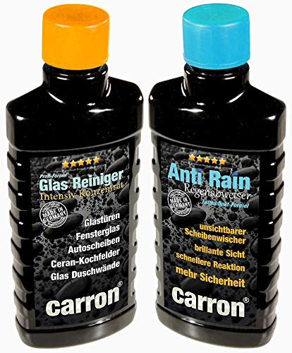 carron Anti-Rain Abperleffekt Regenabweiser 3in1-Set mit Eiskratzer + Poliertuch für Autoscheibe Glasversiegelung für regenabweisenden Lotuseffekt inkl. Tiefen-Reiniger und Versiegelung