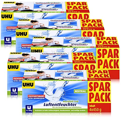 Uhu Luftentfeuchter Nachfüll-Tab Neutral 4x450g - Verhindert zu hohe Luftfeuchtigkeit, Kondenswasser und muffige Gerüche - Ultra absorbierender Feuchtigkeitsmagnet (5er Pack)