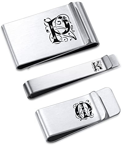 MeMeDIY Geldklammer Herren, Personalisierte Geldscheinklammer Gravur Geschenk für den Vater, Kartenhalter, Silber Edelstahl Vordertaschen (Anfangsmonogramm, Set von 3 Größen Schlank Mittel & Groß)