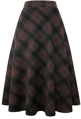IDEALSANXUN 2005 Karierter Damenrock aus Wolle, elastische Taille, A-Linie, plissiert, Schottenkaro, lange Röcke, Größe XL, Kaffeebraun