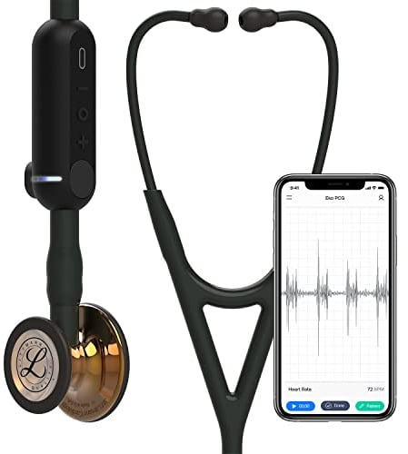 3M Littmann CORE Digital-Stethoskop, hochglanzpoliertes, kupferfarbenes Bruststück, schwarzer Schlauch, Schauchanschluss und Ohrbügel, 69 cm, 8863