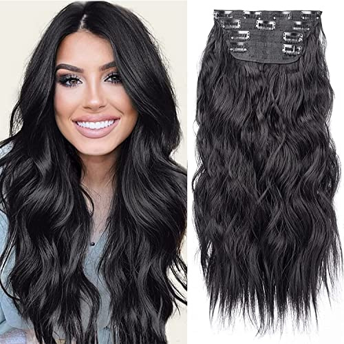 Black Hair Extensions Clip in, 20 Inches Long Synthetic Curly Clip in Hair Extension for Women and Girls (Black, 4Pcs)