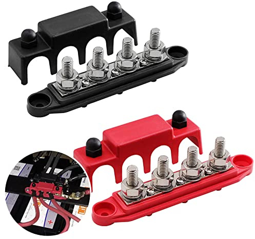 PACEWALKER 2PCS 250A Sammelschienen Verteilerblock BusBar Box mit 4 x M8 Anschlussbolzen Hochleistungsmodul 12V-48V DC Stromverteilungsblock Erdungsstrom für Auto RV Boat Yacht (Schwarz Rot)