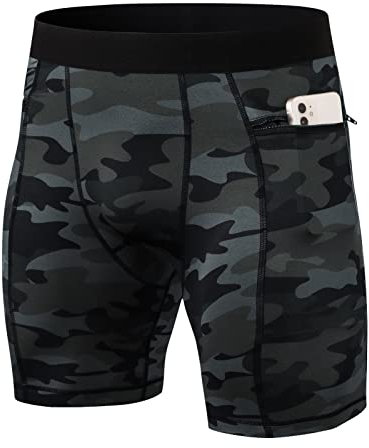 Ruowuhen Herren Funktionsshorts Kompressionsshorts mit Taschen, Herren Baselayer Unterhose Tights Kurz Laufhose Schnelltrocknendes Laufunterwäsche Tarnfarbe Schwarz M