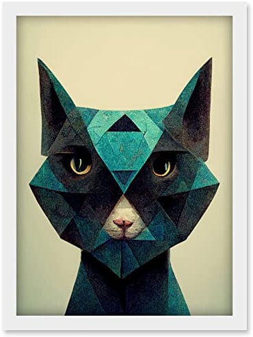 Doppelganger33 LTD Fun Geometric Teal Cat Artwork Framed Wall Art Print A4
