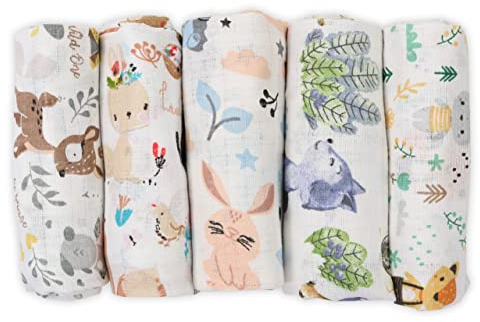 FENSILO Mulltücher - Baby Mullwindeln - Mullwindeln - 5er Pack 70x80 cm - Stoffwindeln, Made IN EU, schadstoffgeprüft - Spucktücher Baby Junge Mädchen Tuch mit Hirsch und Kaninchen