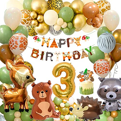 FUBABCO 3. Geburtstag Deko für Jungen & Mädchen - Dschungelthema mit grünen & braunen Luftballons & Kindergeburtstag Deko für den Wilden Ersten Geburtstag