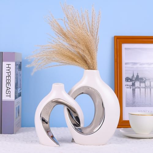 XIAOMAGG Keramik Vase,2er Set Hohle Weiße Moderne Vasen für Nordisches, Vasen Deko, ästhetische Boho Blumenvase für Zuhause, Wohnzimmer, Büro, Bauernhaus (Weiß eingelegtes Silber)