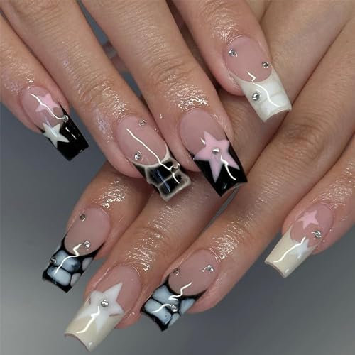 24pcs Medium Coffin False Nails French Tip Press on Nails Black Edge Stick on Nails with Star Design Removable Glue on Fake Nails Acrylic Full Cover Nail Tips Art Accessories for Women