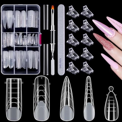 MELLIEX 120 Pièces Faux Ongles Conseils de Extension 5 Formes Clear Système De Formes D'ongles Doubles avec Nail Tips Clip, Brosse à Ongles à Double Extrémité et Limes à Ongles