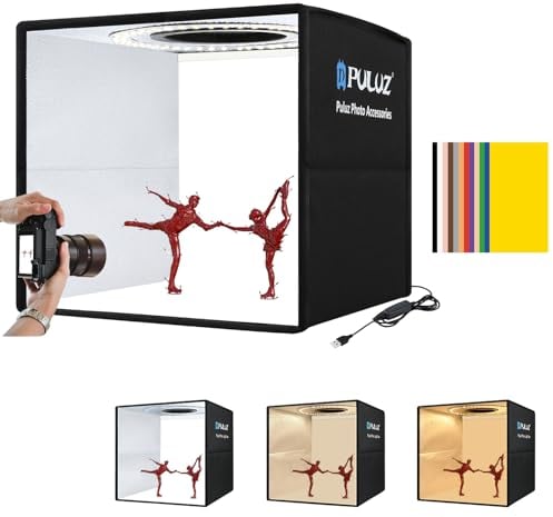 PULUZ - Mini scatola luminosa da 25 cm, kit professionale portatile per studio fotografico, tenda con 3 colori dimmerabili, 96 luci LED CRI > 90 e 12 sfondi fotografici per piccole fotografie di