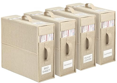 Yeahshion Aufbewahrungstasche für Bettlaken, 4 Stück Faltbare Bettwäsche Organizer, Praktische Lagerung von Bettwäsche und Decken für King & Queen Size Betten, Beige