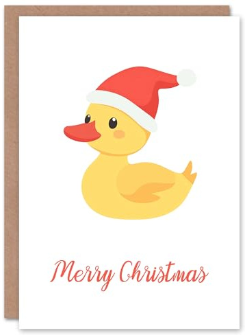 Artery8 Cute Duck Yellow Duckling Santa Hat Cartoon For Child Kids Christmas Card
