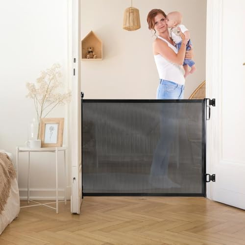 Peviasot Treppenschutzgitter, Türschutzgitter Ausziehbar 0-180cm, Baby-Treppengitter, Babygitter mit Netz, Haustierbarriere, Türgitter mit Drehverschluss, für Innen- und Außenbereich, Schwarz