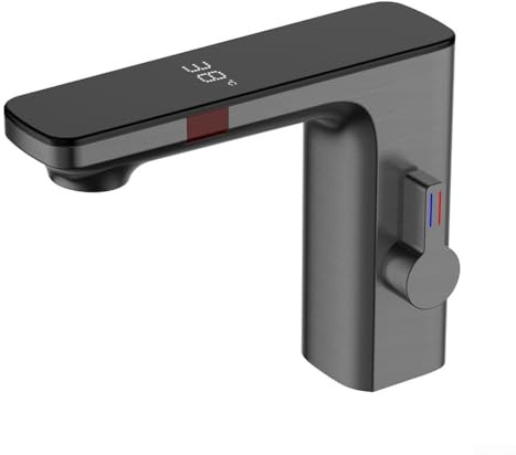 Digital Display Sensor Waschtischarmatur mit Messingkörper und Keramikventil, Warm- und Kaltwassermischer, Deckmontage für Bad und Küche (Grau)