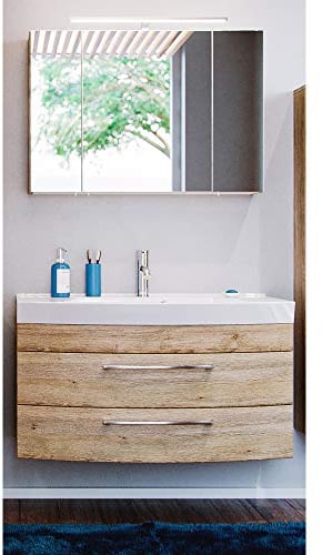 Lomadox Badmöbel Waschplatz Set in Sonoma Eiche, 100cm Waschtischunterschrank mit Waschbecken & LED-Spiegelschrank