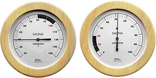 Fischer Termometro per Sauna + igrometro, Diametro 155 mm, Legno di Abete Rosso, Set: n. 196T-03 + 196H-03