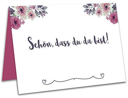 50 Tischkarten oder Platzkarten Hochzeit, Geburtstag, Taufe, Kommunion, Konfirmation mit Blumen und Schön DASS du da bist Bedruckt (Blumen)