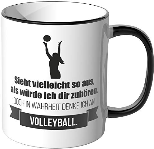 JUNIWORDS Tasse - Ich denke an Volleyball - Wähle Motiv & Farbe - Schwarz