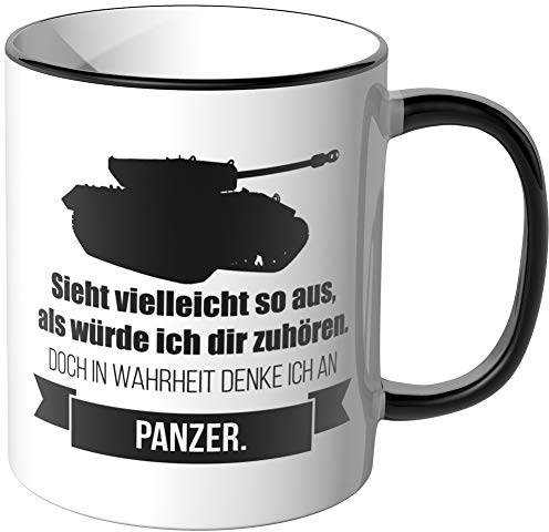 JUNIWORDS Tasse - Ich denke an Panzer - Wähle Motiv & Farbe - Schwarz