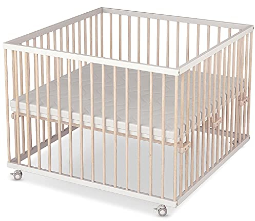 Sämann® Laufgitter 100x100 cm mit Matratze und Schlupfsprossen, stufenlos höhenverstellbar, Baby Laufstall, Buche, gummierte Rollen, Buche weiß/natur lackiert