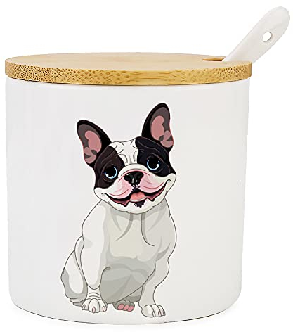 Kitchenexus Ceramic Sugar Bowl, Porcelain Sugar Bowl with Wooden Lid and Stainless Steel Spoon 9oz/266ml with Dog Pattern, Suit for Coffee Bar, Kitchen and Home breakfast, Best Gift for Dog Lovers